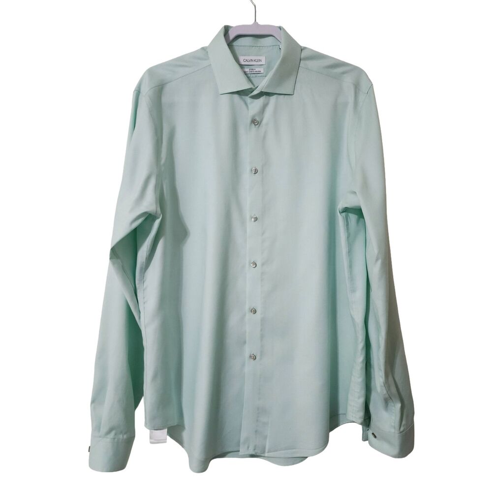Calvin Klein Steel+ Solid Slim Fit Button Down Shirt Stretch 17 36/37 Green EUC
